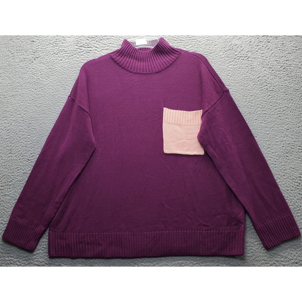 Peace Love World Sweater Womens L Multi Knit Chest Pocket Long Sleeve Mock Neck